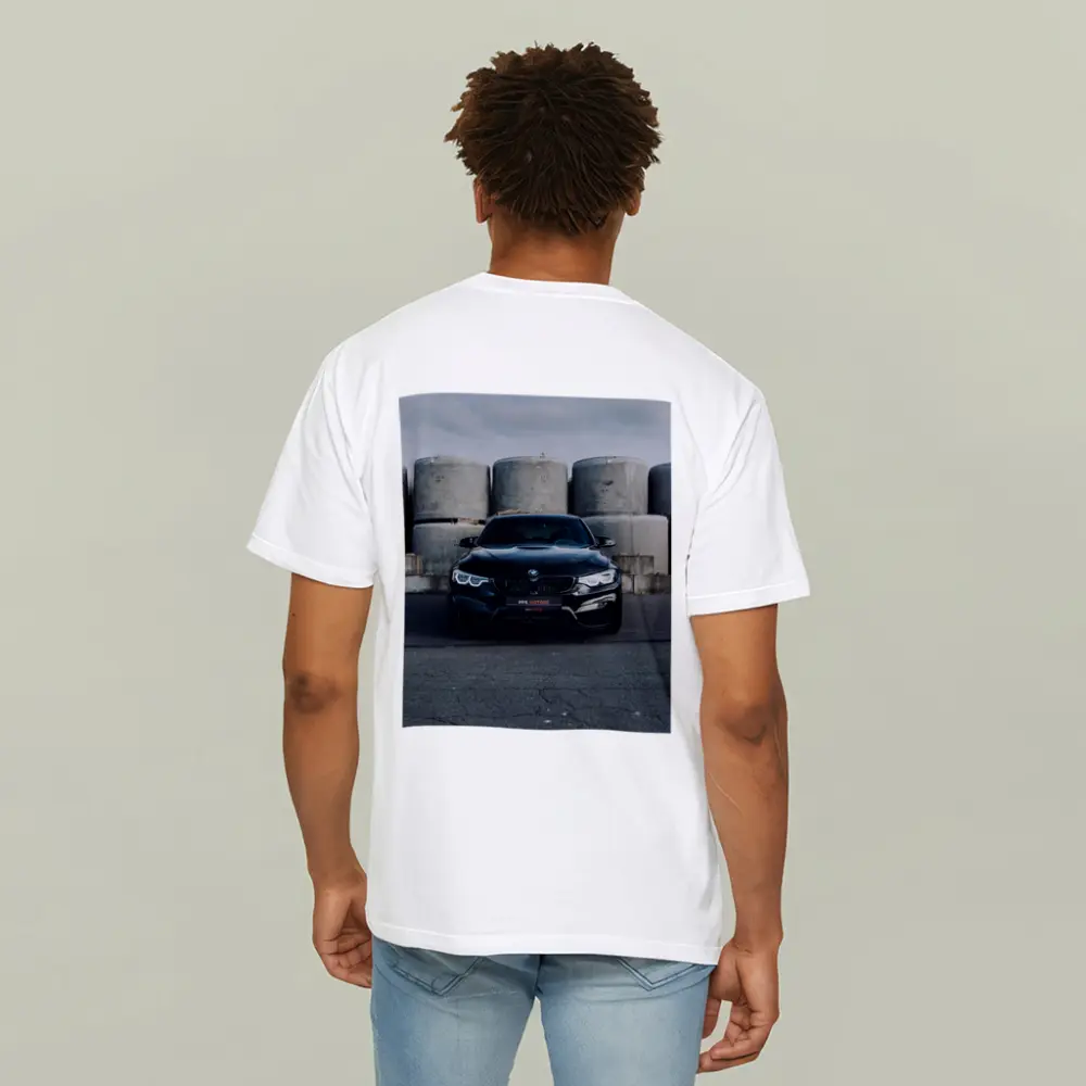 Black BMW M4 Front View Industrial Background – T-Shirts