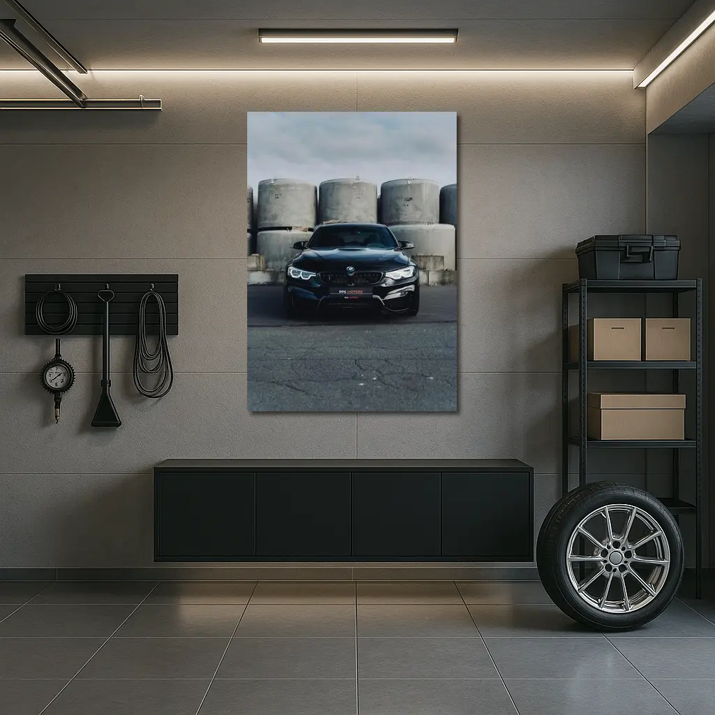 Black BMW M4 Front View Industrial Background – Wall Art