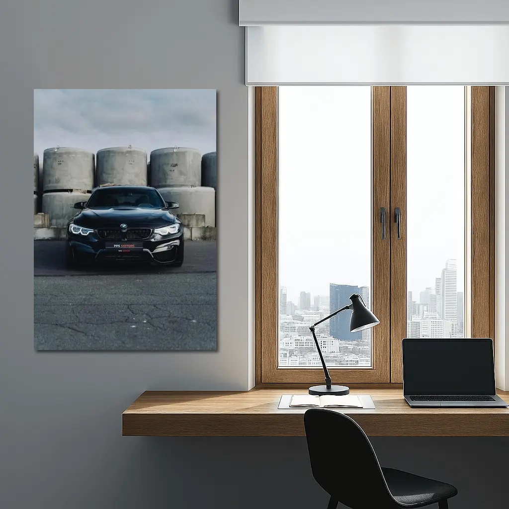 Black BMW M4 Front View Industrial Background – Wall Art