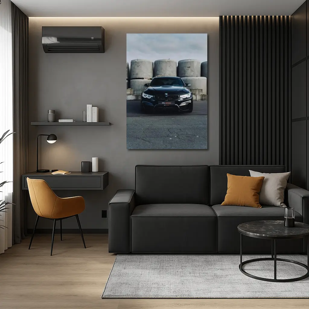 Black BMW M4 Front View Industrial Background – Wall Art
