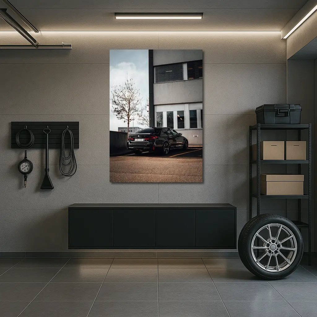 BMW M5 Black Sedan Urban Parking Lot – Wall Art