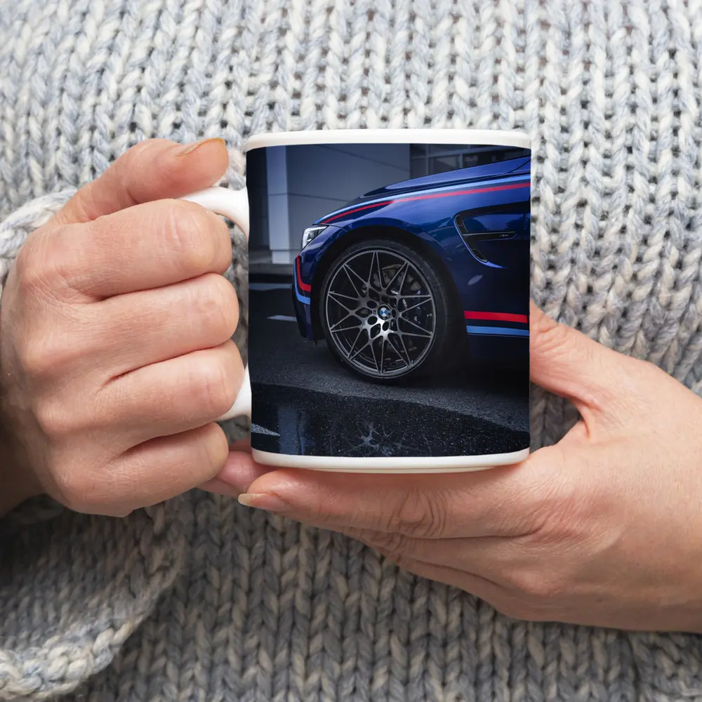 BMW M4 Blue Racing Stripes Wet Pavement – Mugs
