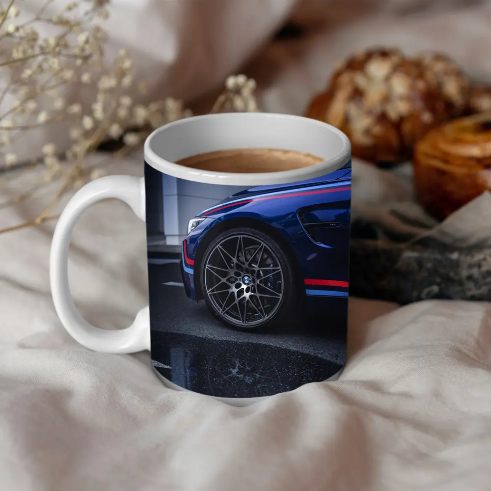 BMW M4 Blue Racing Stripes Wet Pavement – Mugs