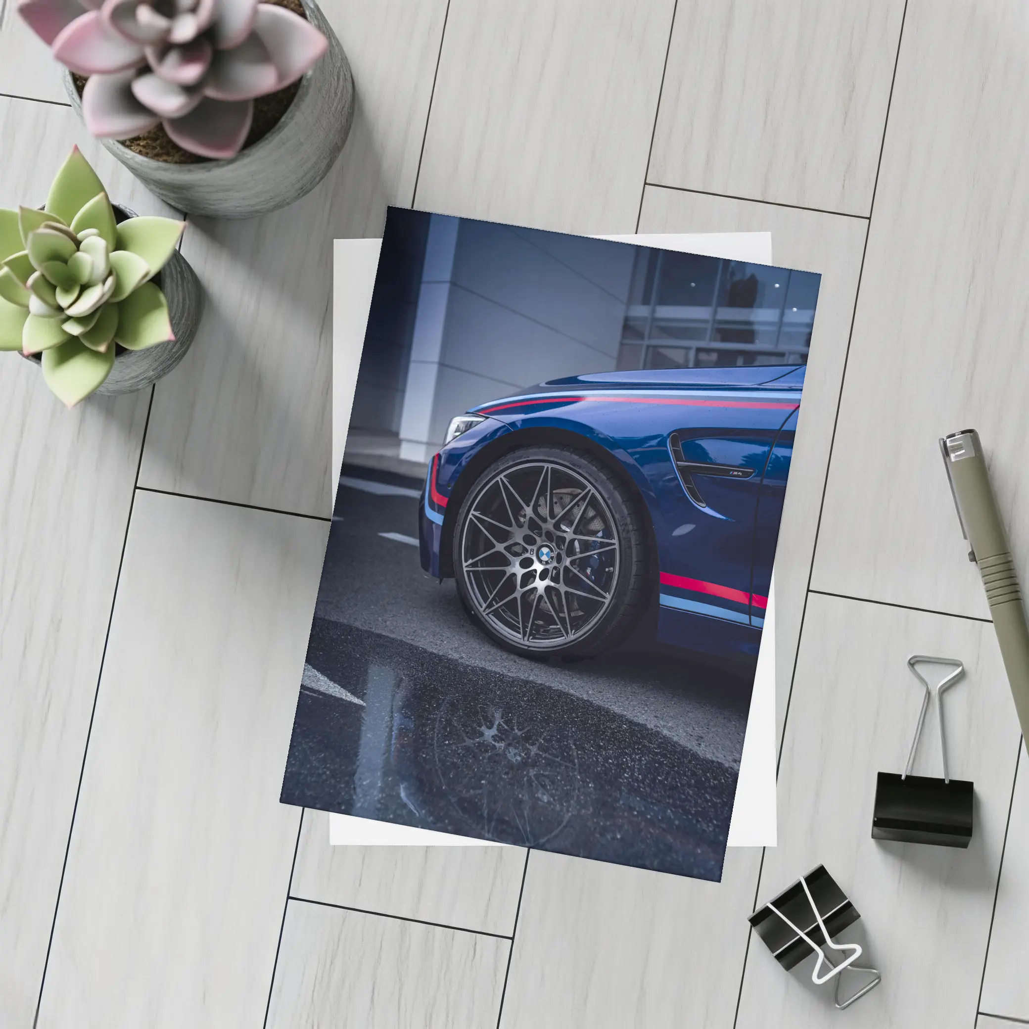 BMW M4 Blue Racing Stripes Wet Pavement – Postcards