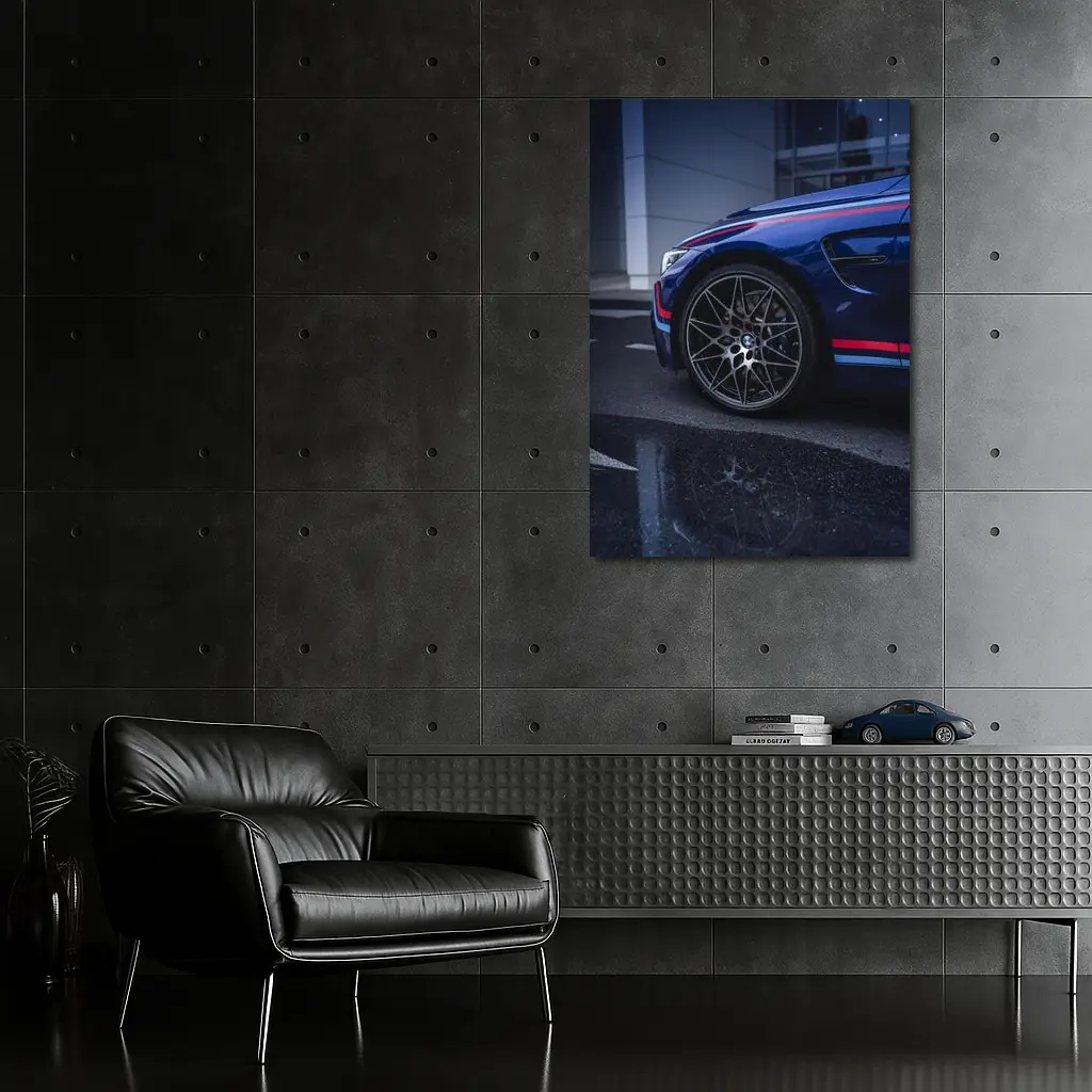 BMW M4 Blue Racing Stripes Wet Pavement – Wall Art