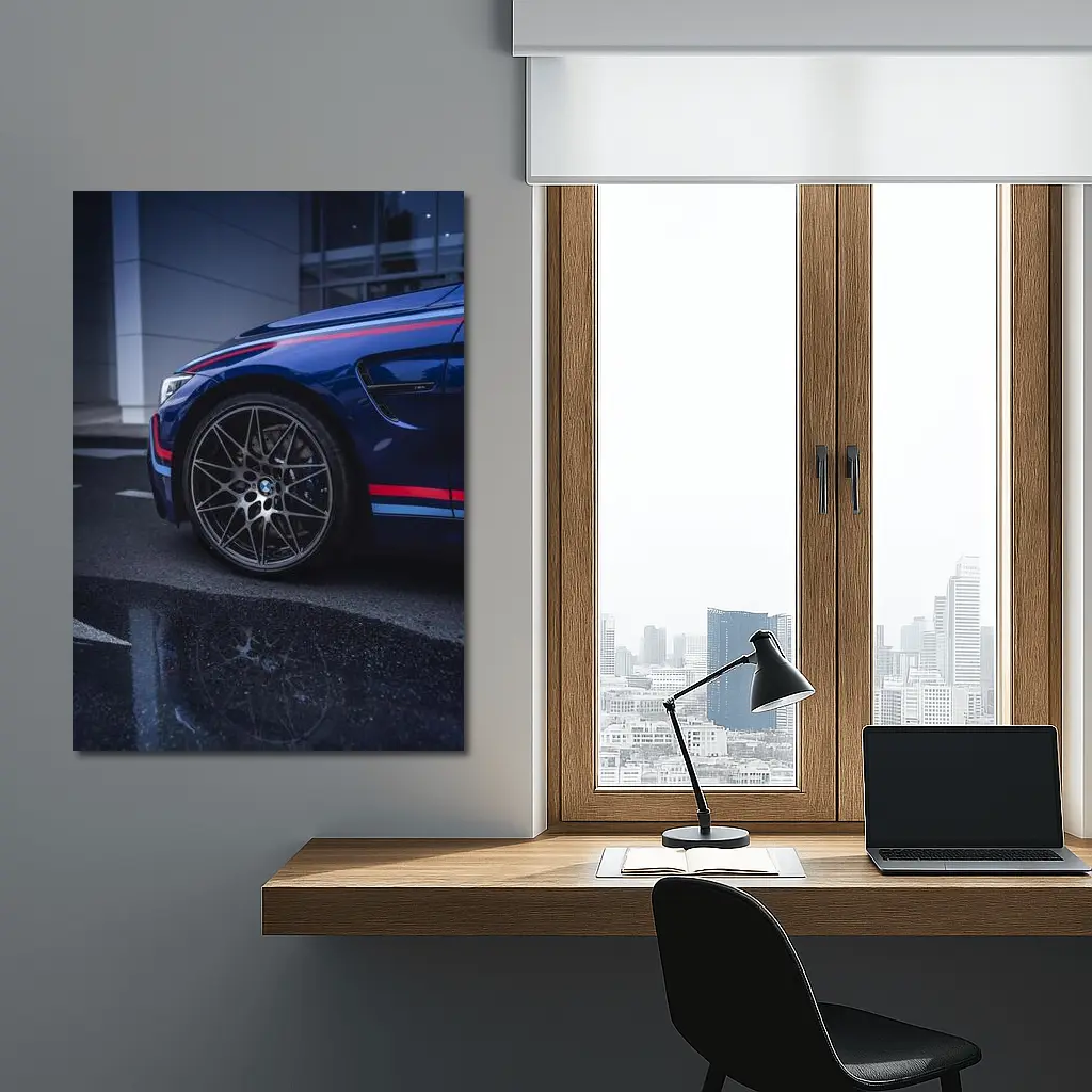 BMW M4 Blue Racing Stripes Wet Pavement – Wall Art