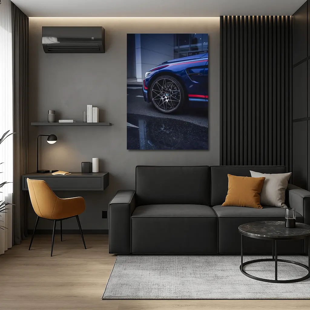 BMW M4 Blue Racing Stripes Wet Pavement – Wall Art