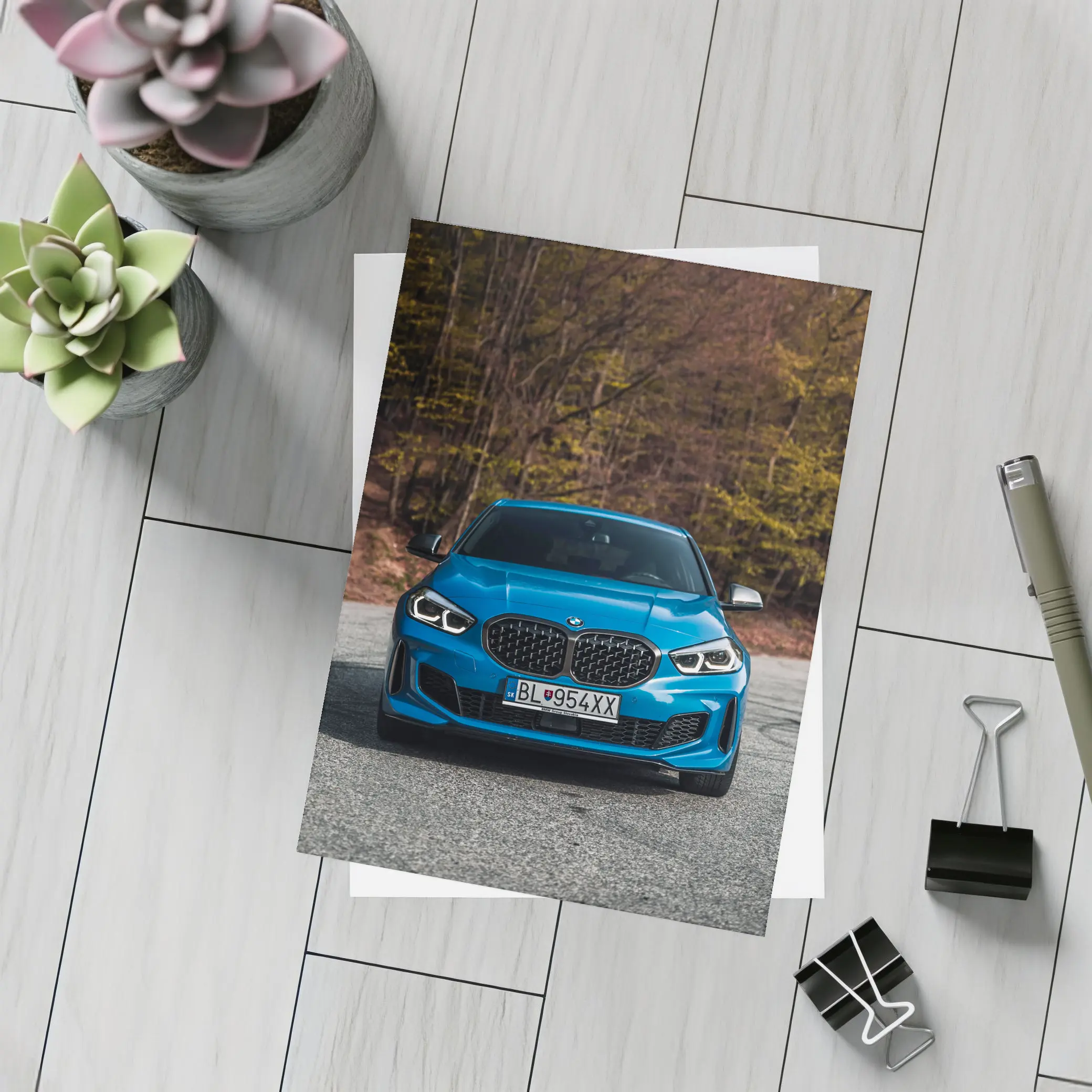 BMW One Series Blue Front Forest – Postcards