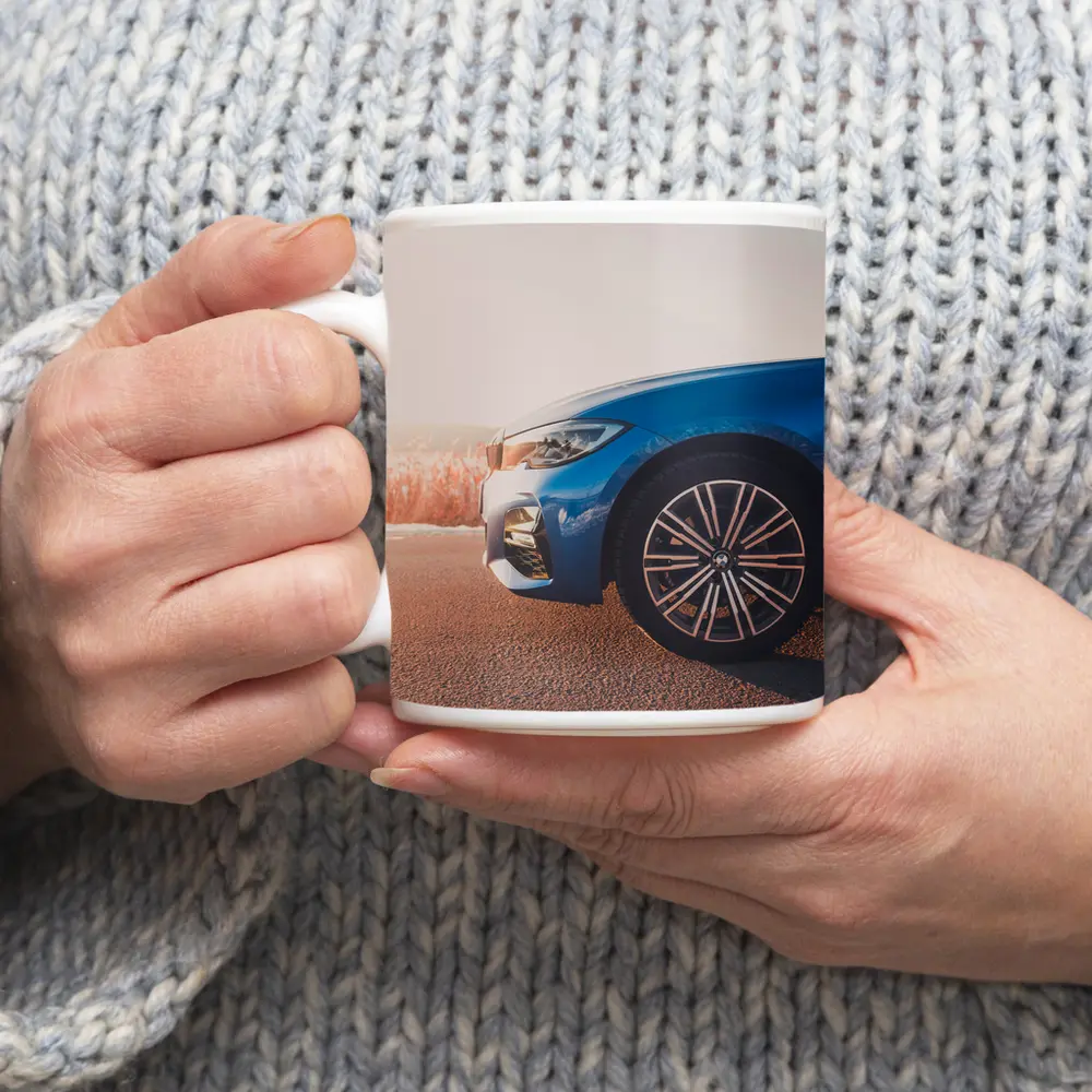 BMW 3 Series Blue Car Sunny Road – Mugs