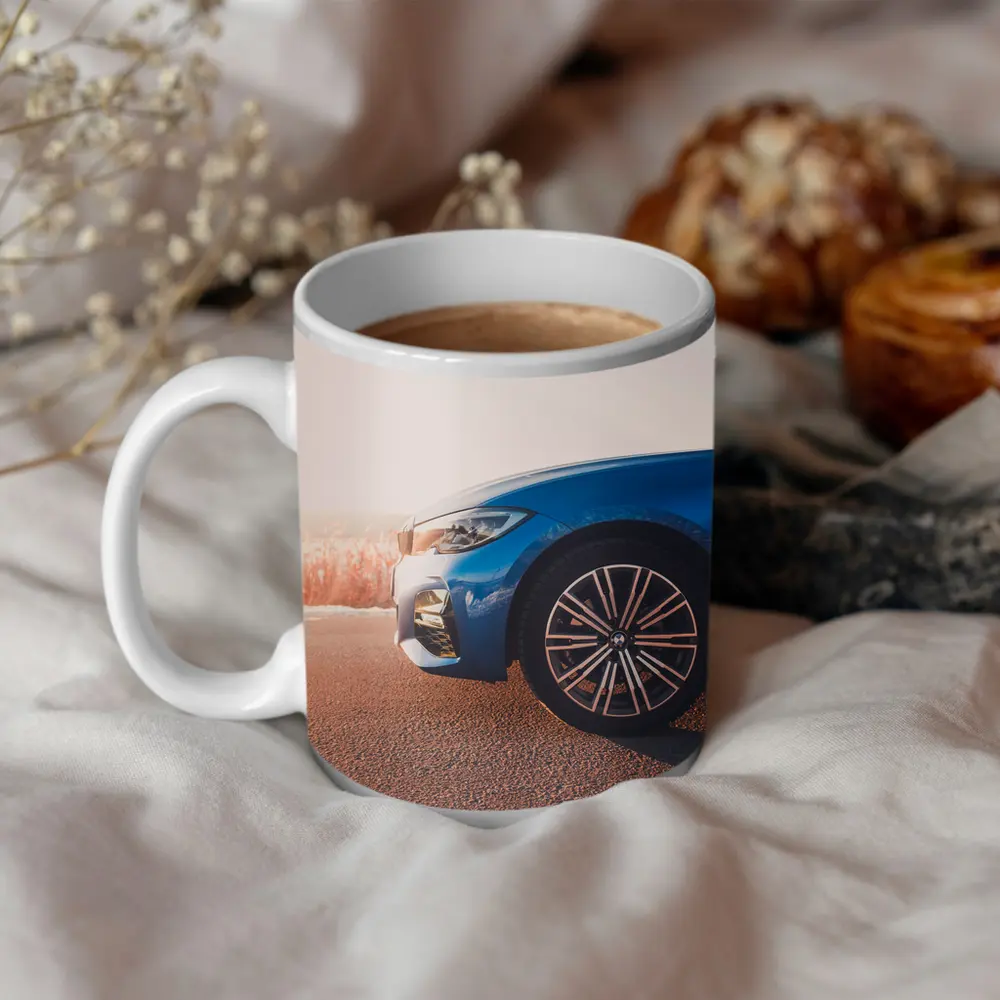 BMW 3 Series Blue Car Sunny Road – Mugs