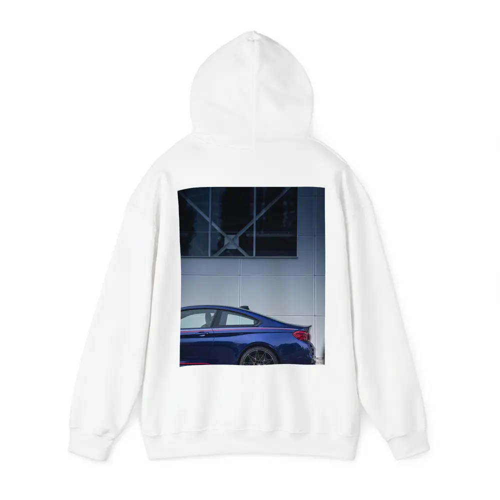 BMW M4 Blue Coupe Against Modern Building – Hoodies