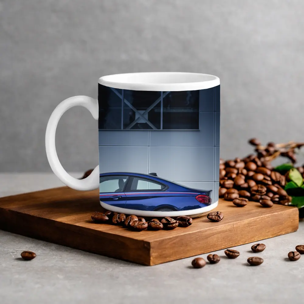 BMW M4 Blue Coupe Against Modern Building – Mugs