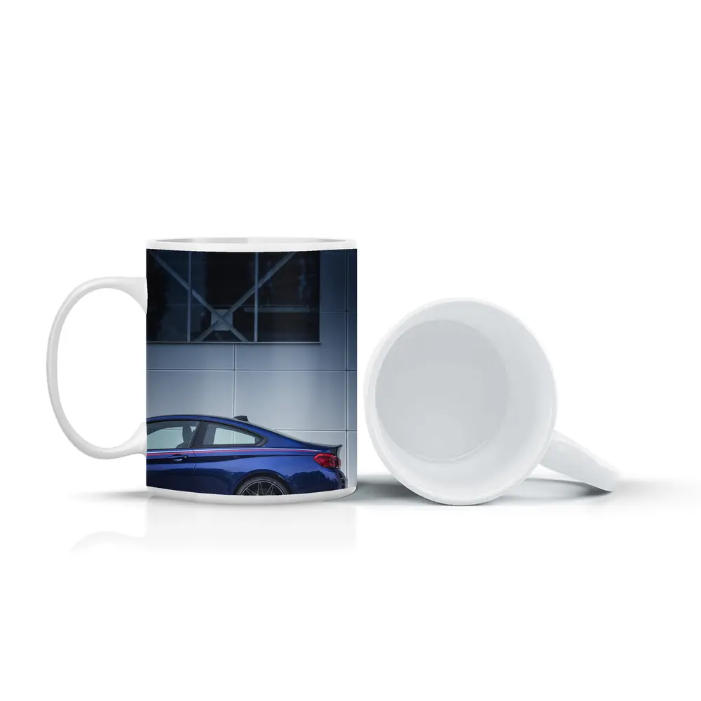 BMW M4 Blue Coupe Against Modern Building – Mugs