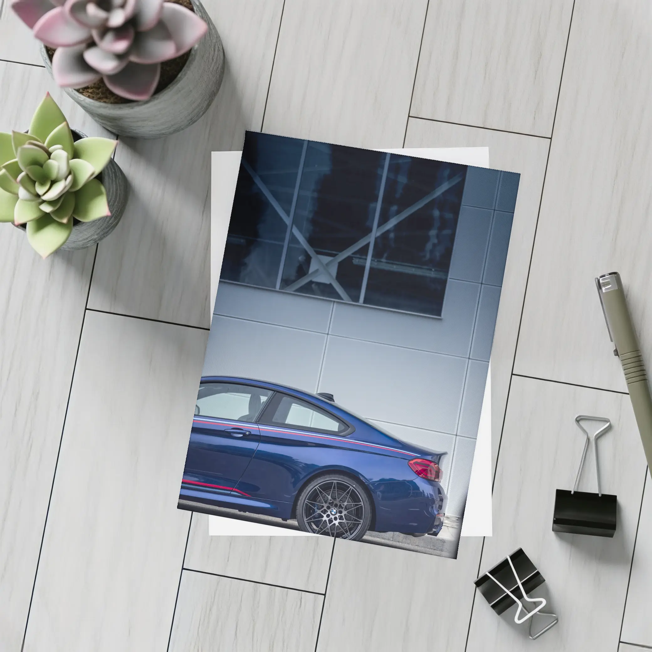 BMW M4 Blue Coupe Against Modern Building – Postcards