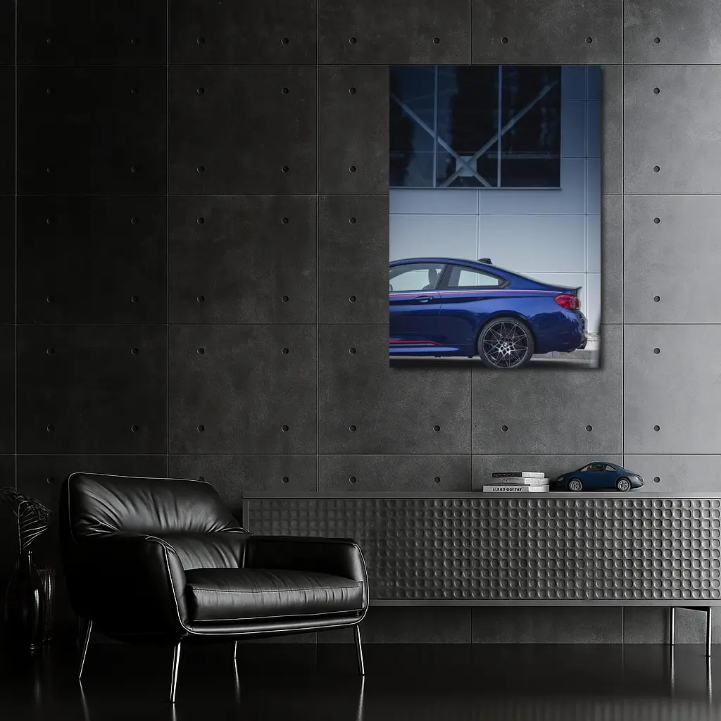 BMW M4 Blue Coupe Against Modern Building – Wall Art