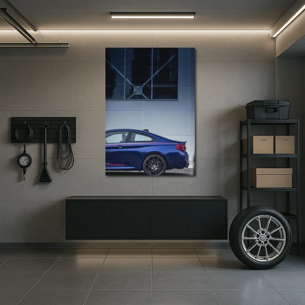 BMW M4 Blue Coupe Against Modern Building – Wall Art