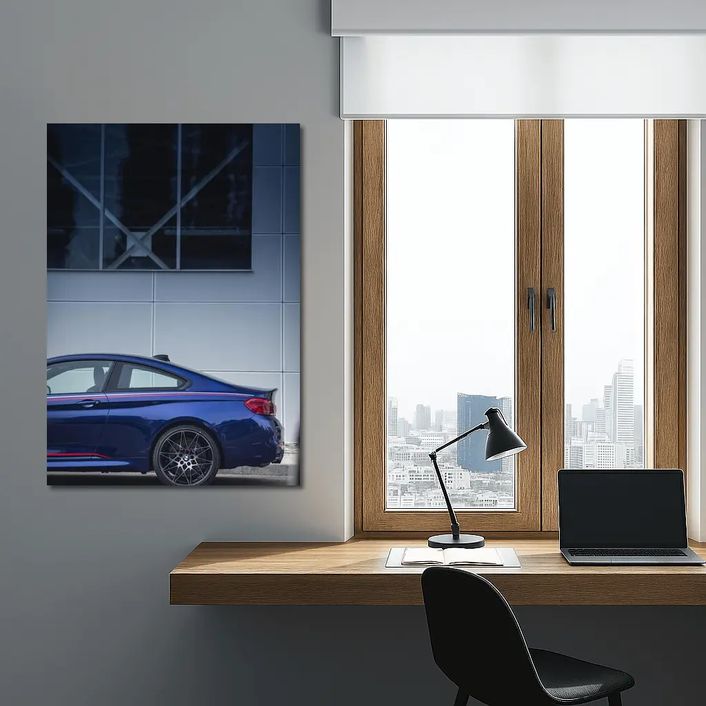 BMW M4 Blue Coupe Against Modern Building – Wall Art