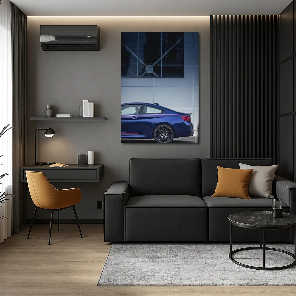 BMW M4 Blue Coupe Against Modern Building – Wall Art