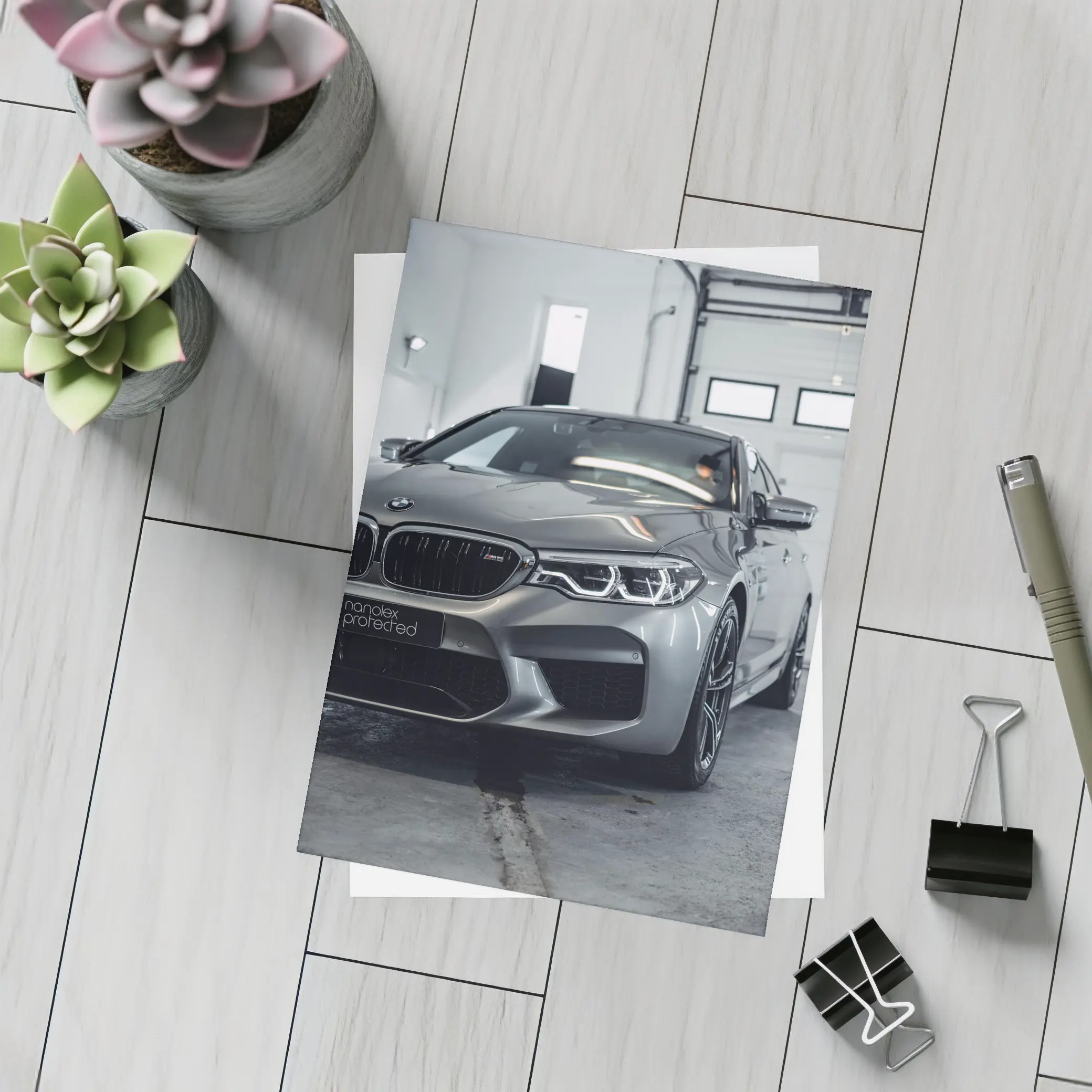 BMW M5 Gray Sedan Garage Close Up – Postcards