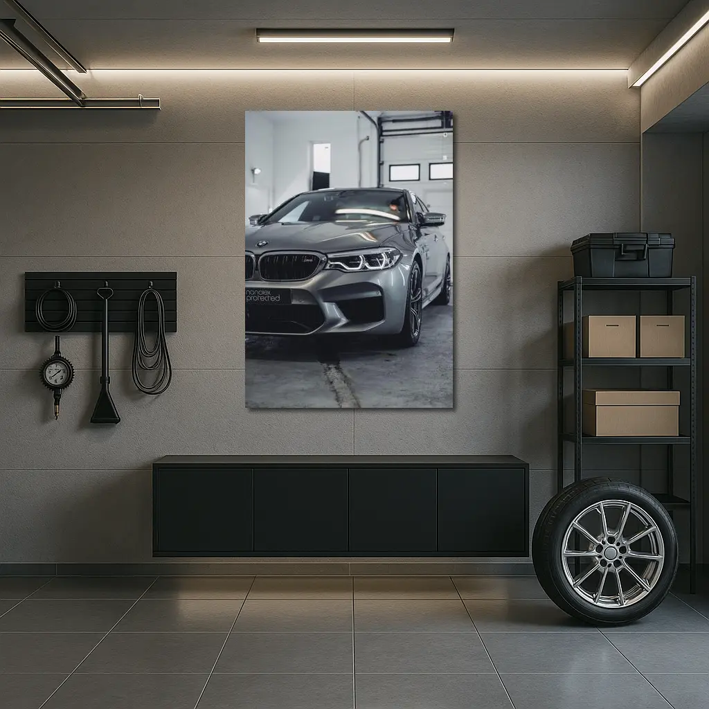 BMW M5 Gray Sedan Garage Close Up – Wall Art