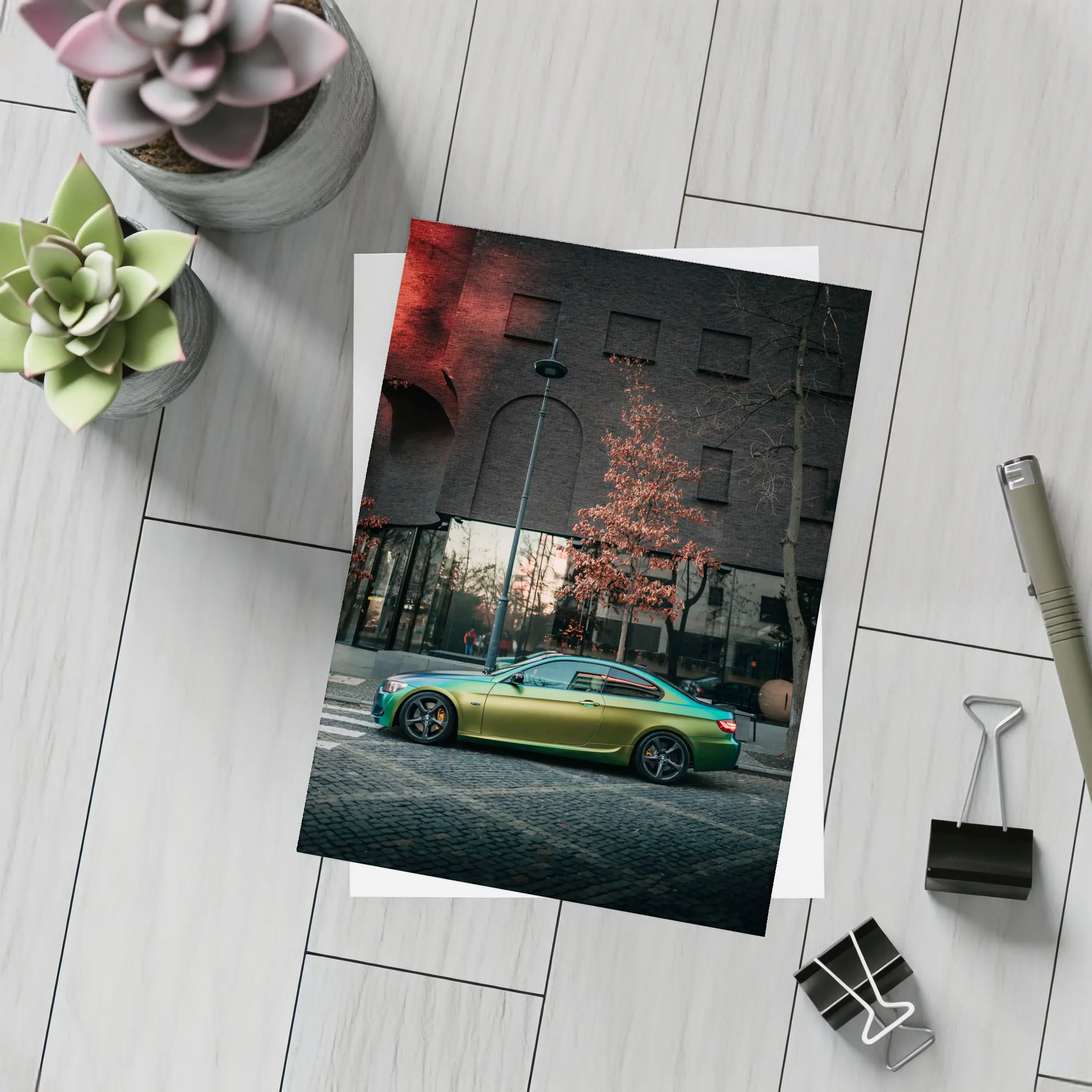 BMW M3 Green Wrap Urban Street Scene – Postcards