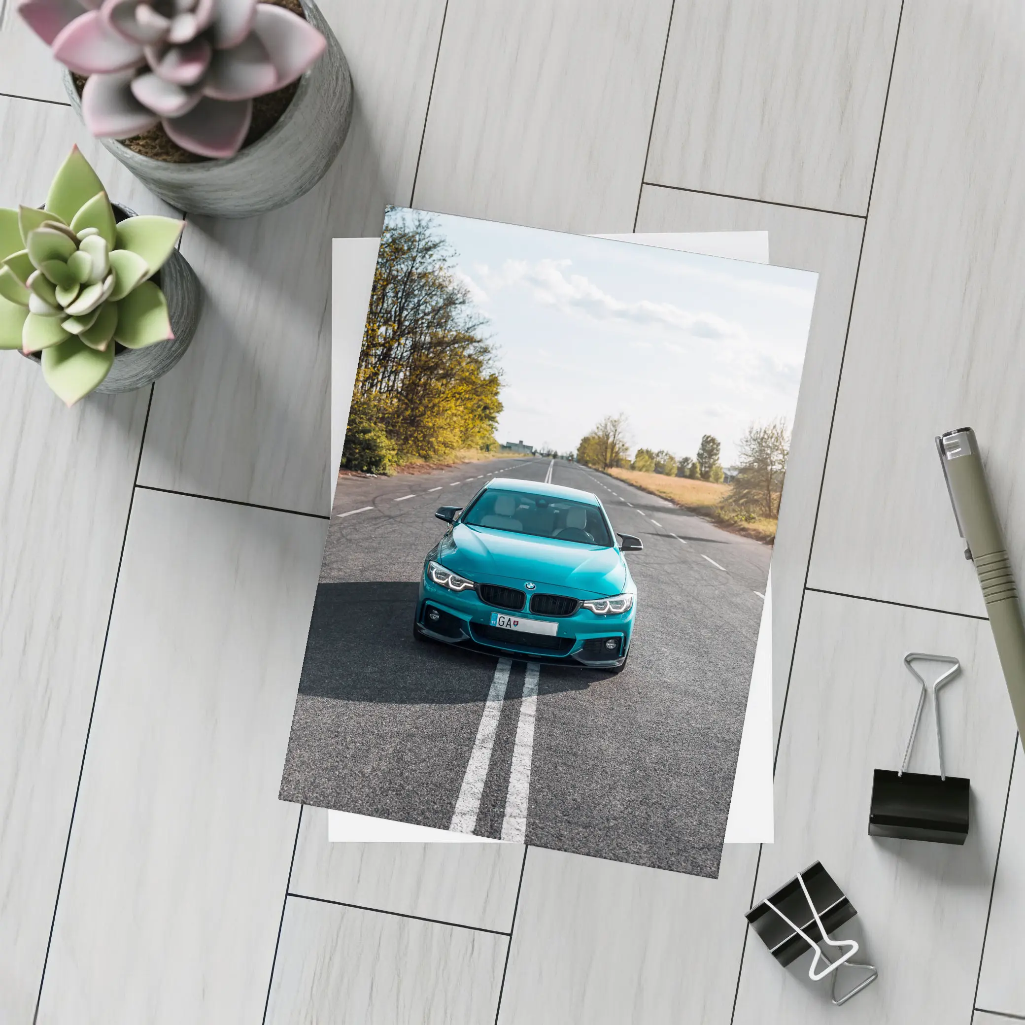 BMW 4 Series Teal Open Road Front View – Postcards
