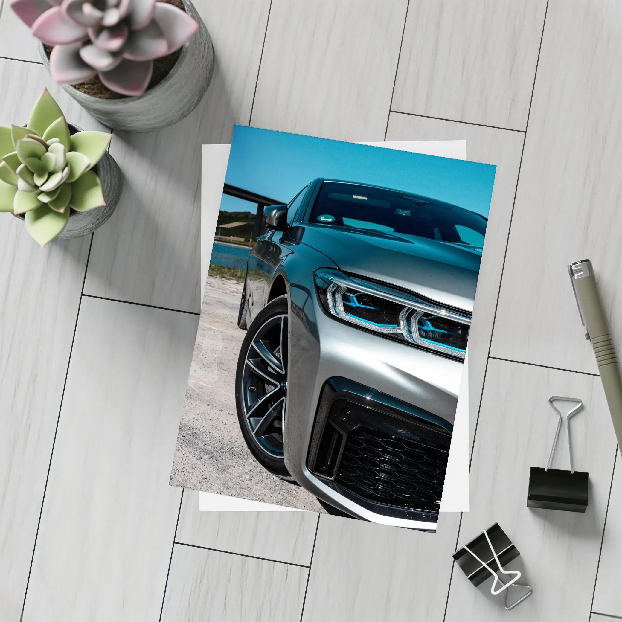 BMW Five Series Silver Front Sandy Shore – Postcards