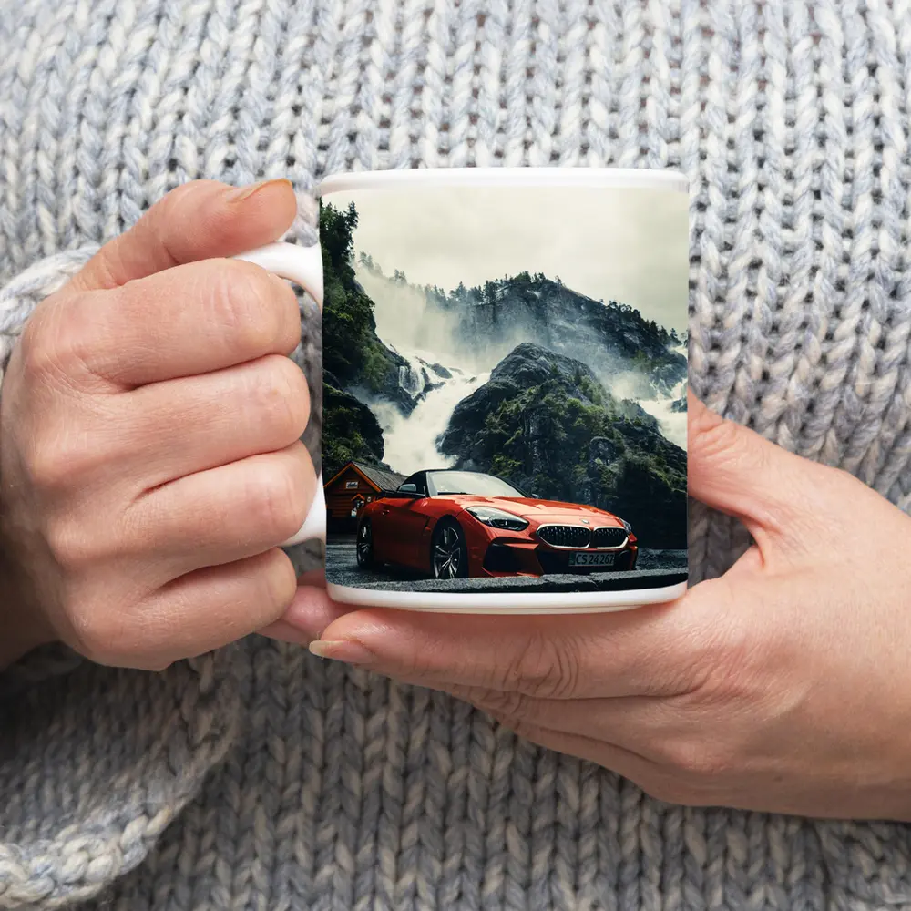 BMW Z4 Red Roadster Misty Waterfall Background – Mugs