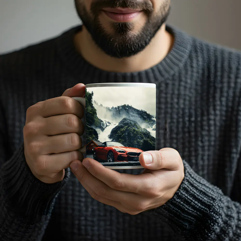 BMW Z4 Red Roadster Misty Waterfall Background – Mugs