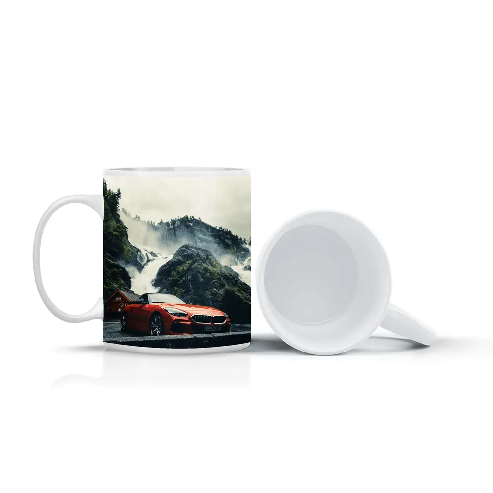 BMW Z4 Red Roadster Misty Waterfall Background – Mugs