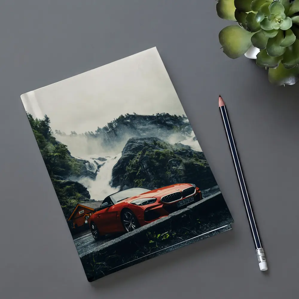 BMW Z4 Red Roadster Misty Waterfall Background – Notebooks