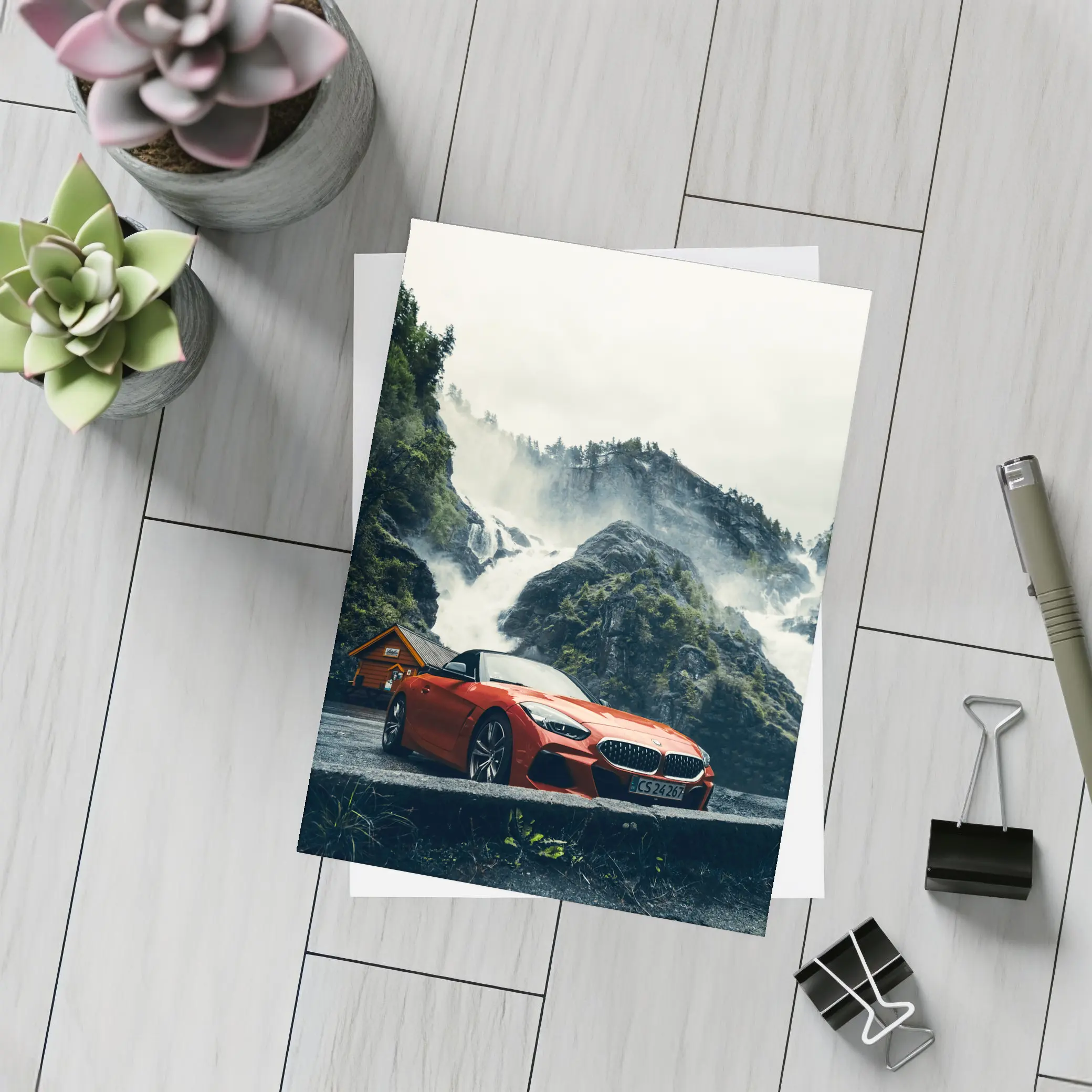 BMW Z4 Red Roadster Misty Waterfall Background – Postcards
