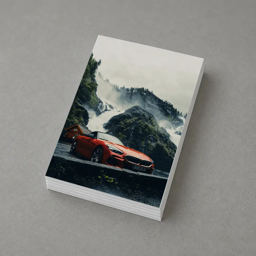 BMW Z4 Red Roadster Misty Waterfall Background – Postcards