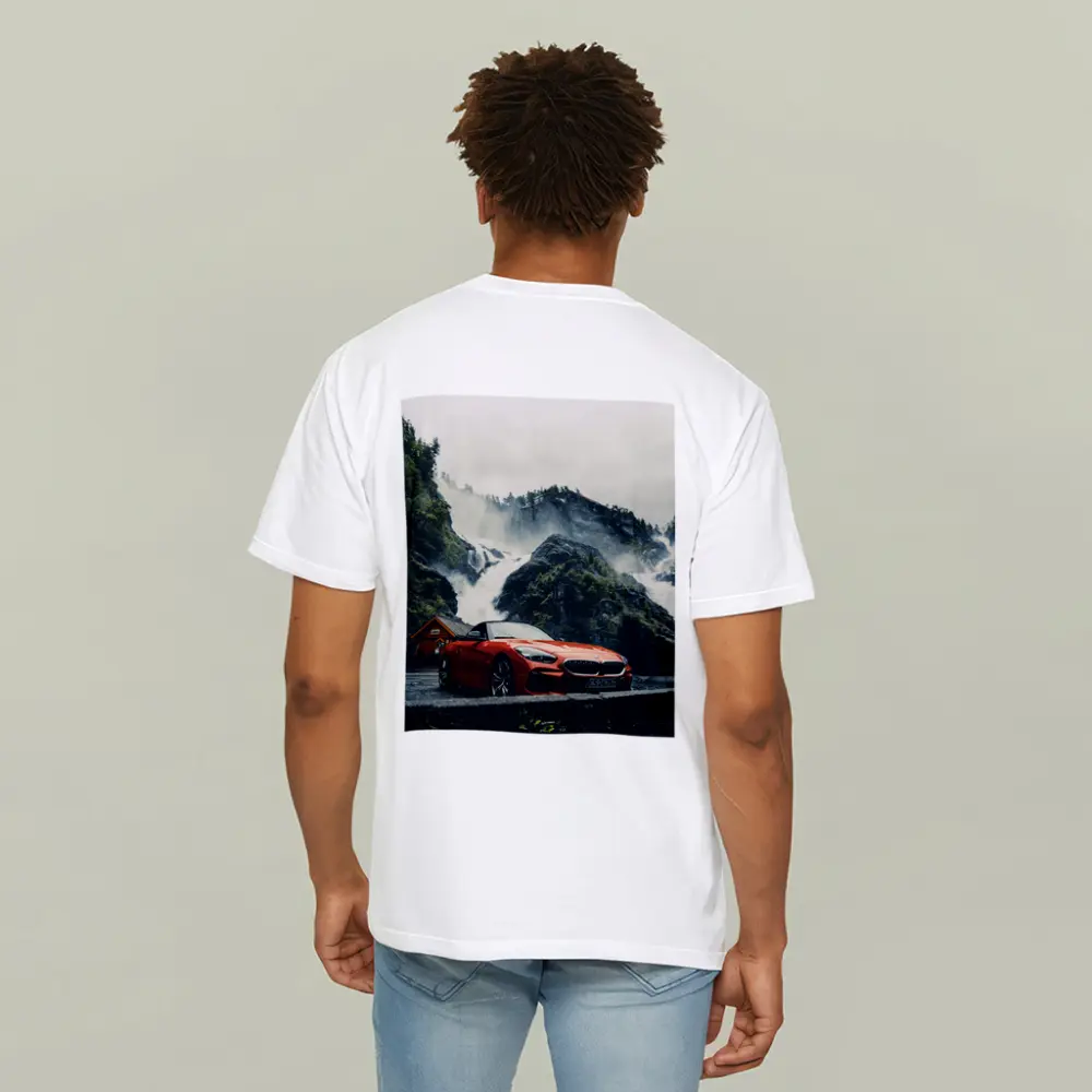 BMW Z4 Red Roadster Misty Waterfall Background – T-Shirts