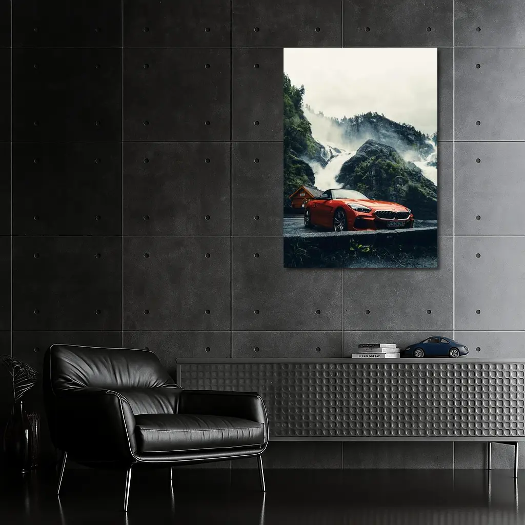 BMW Z4 Red Roadster Misty Waterfall Background – Wall Art