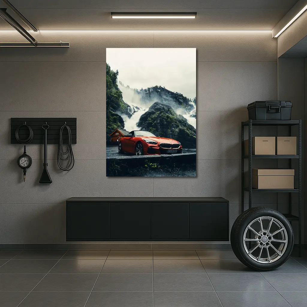 BMW Z4 Red Roadster Misty Waterfall Background – Wall Art