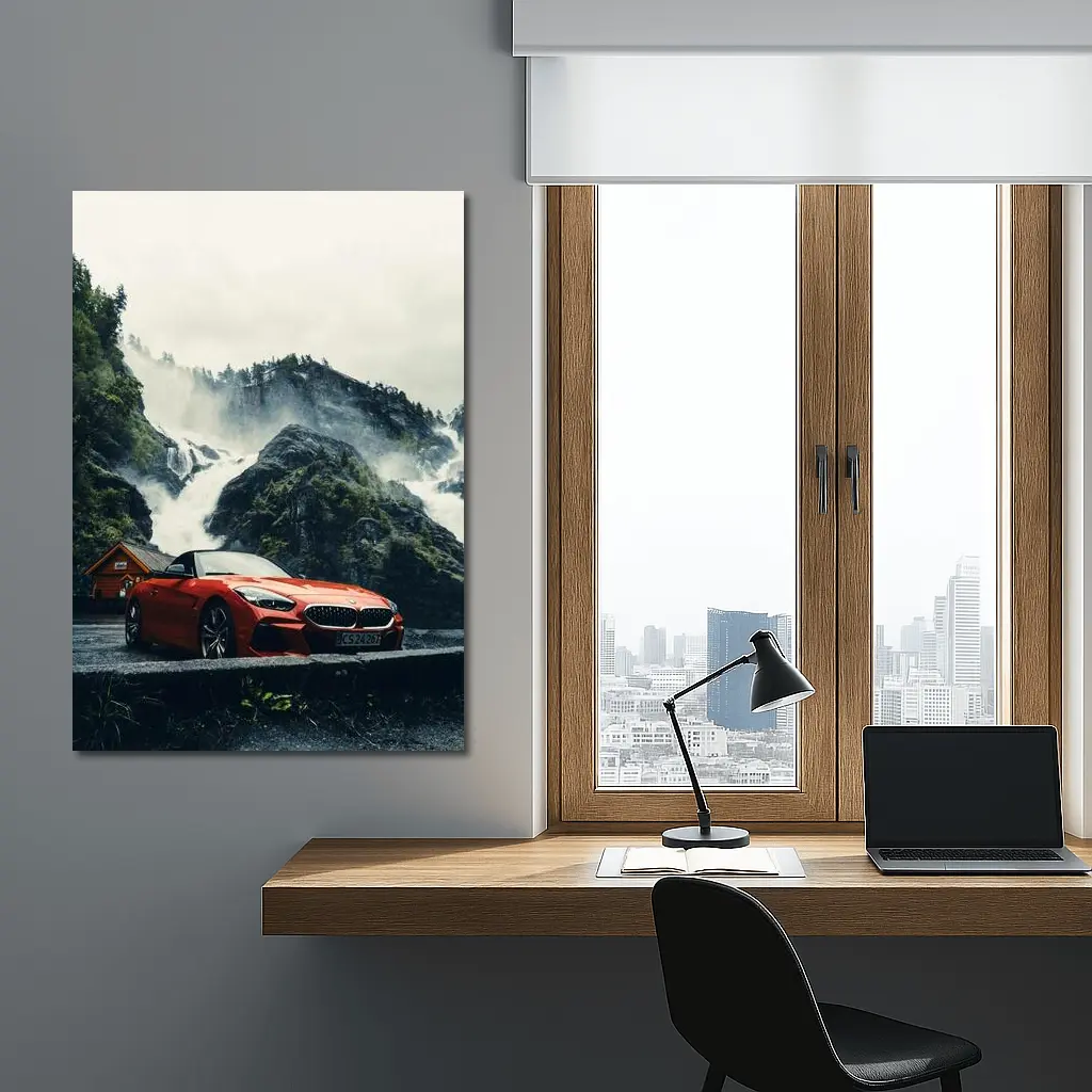 BMW Z4 Red Roadster Misty Waterfall Background – Wall Art
