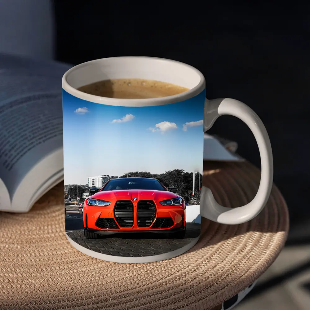 BMW M4 Red Front View City Street – Mugs