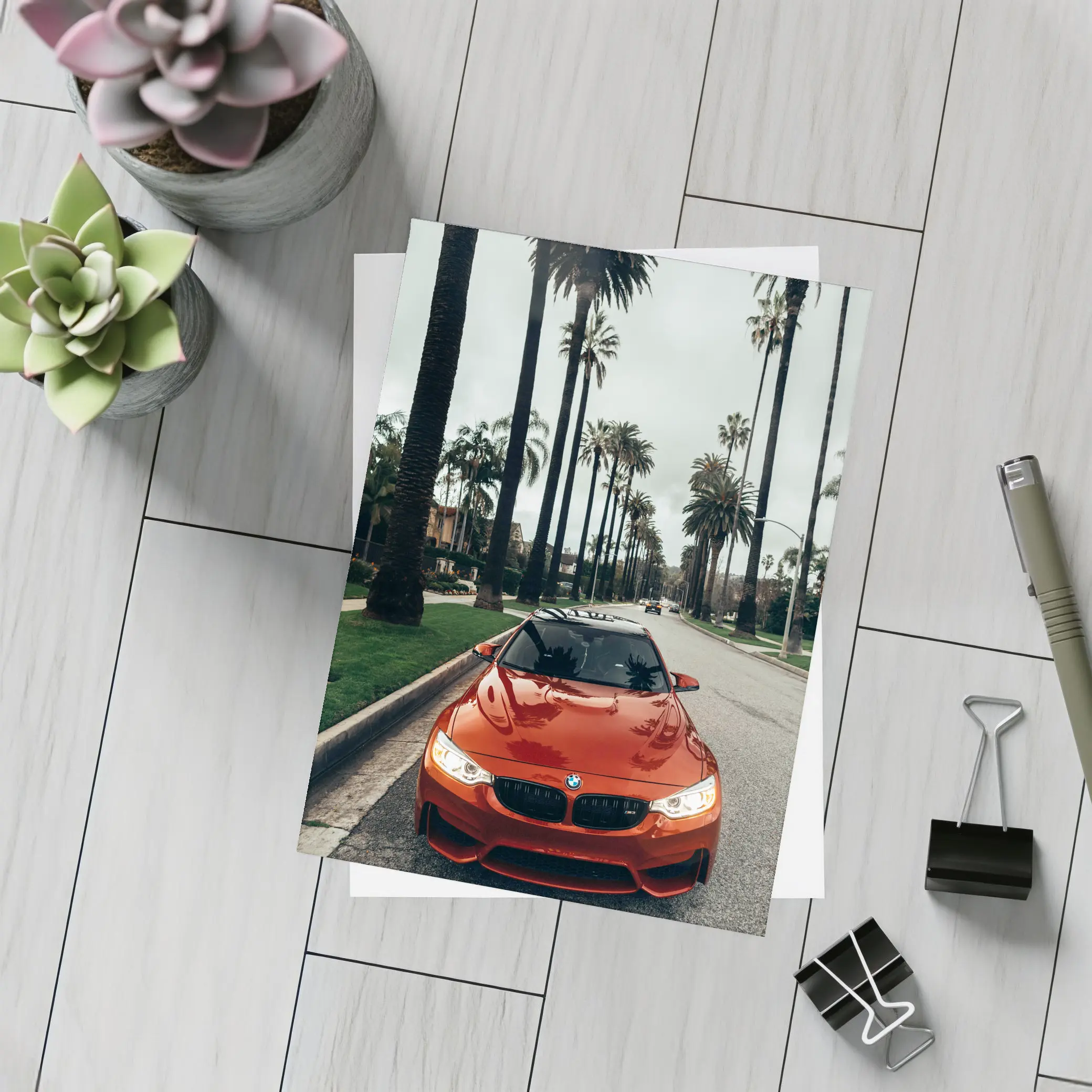 BMW M4 Orange Sportscar Palm Tree Street – Postcards