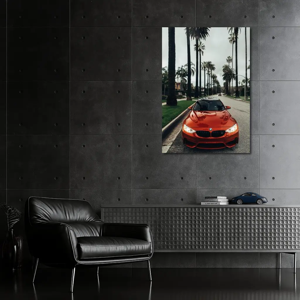 BMW M4 Orange Sportscar Palm Tree Street – Wall Art