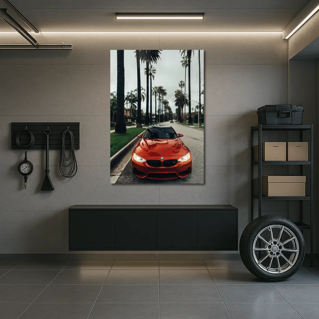 BMW M4 Orange Sportscar Palm Tree Street – Wall Art