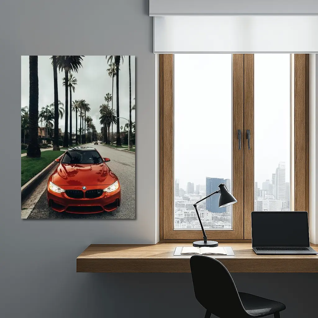 BMW M4 Orange Sportscar Palm Tree Street – Wall Art