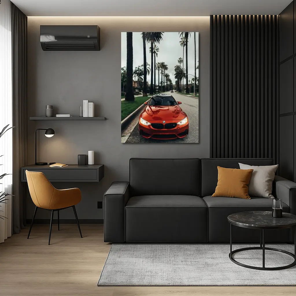 BMW M4 Orange Sportscar Palm Tree Street – Wall Art