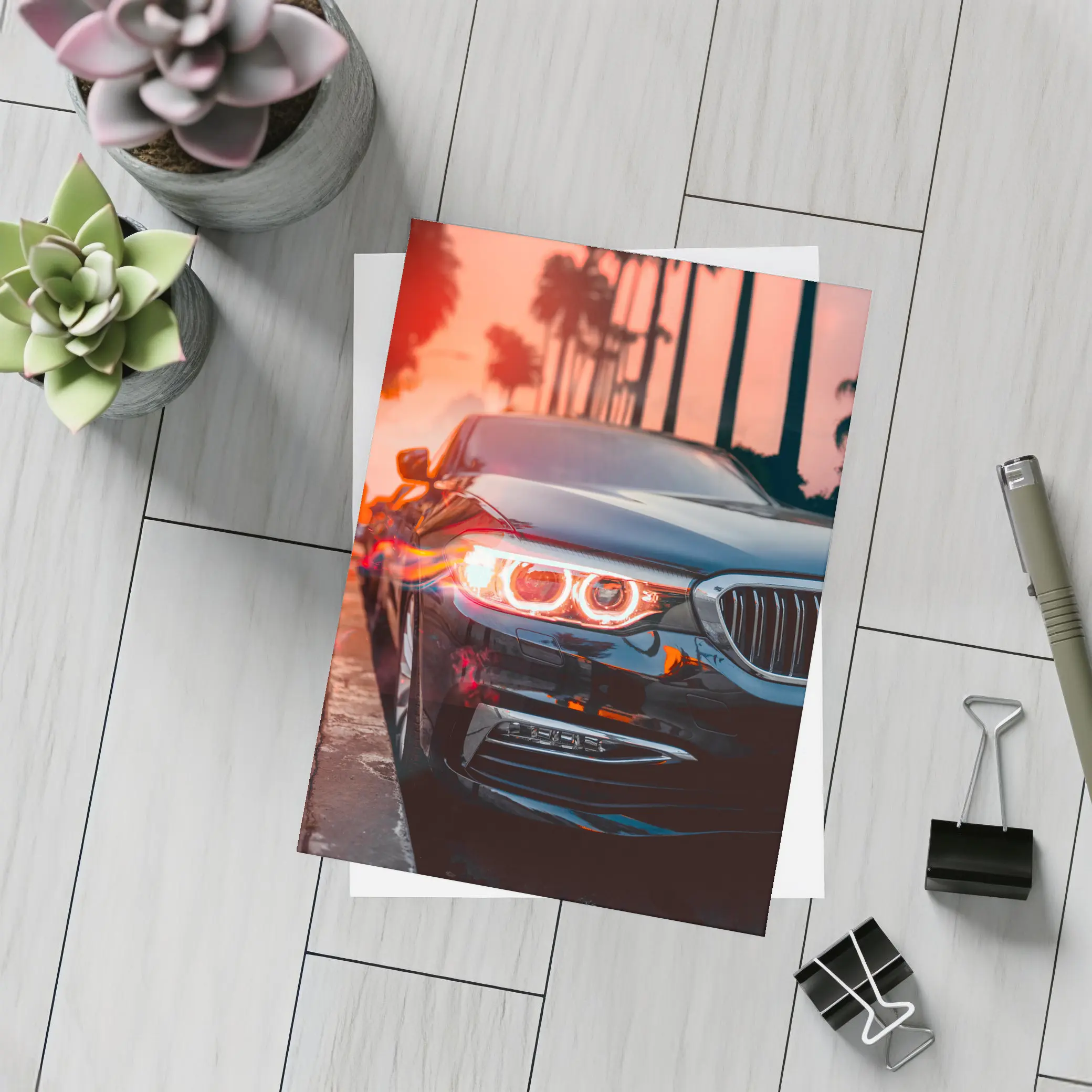 BMW 5 Series Black Front Sunset Palms – Postcards