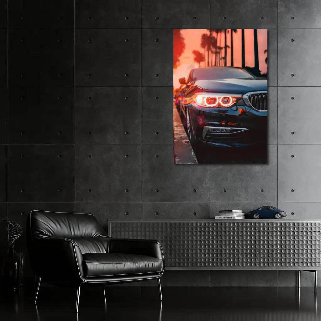 BMW 5 Series Black Front Sunset Palms – Wall Art