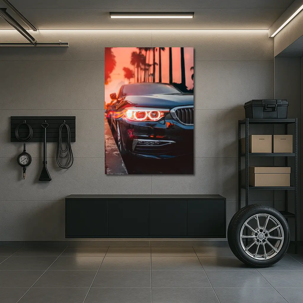 BMW 5 Series Black Front Sunset Palms – Wall Art