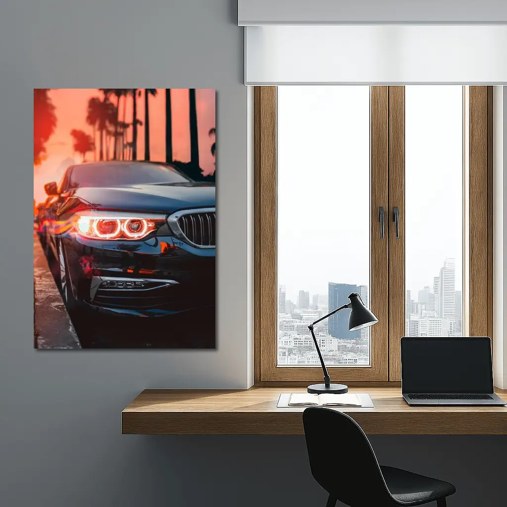 BMW 5 Series Black Front Sunset Palms – Wall Art