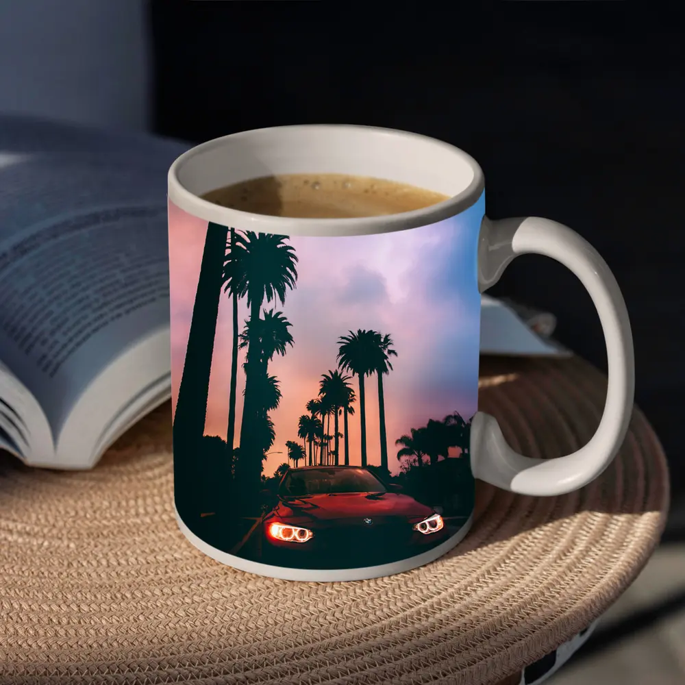BMW Red Car Palm Trees Sunset Sky – Mugs