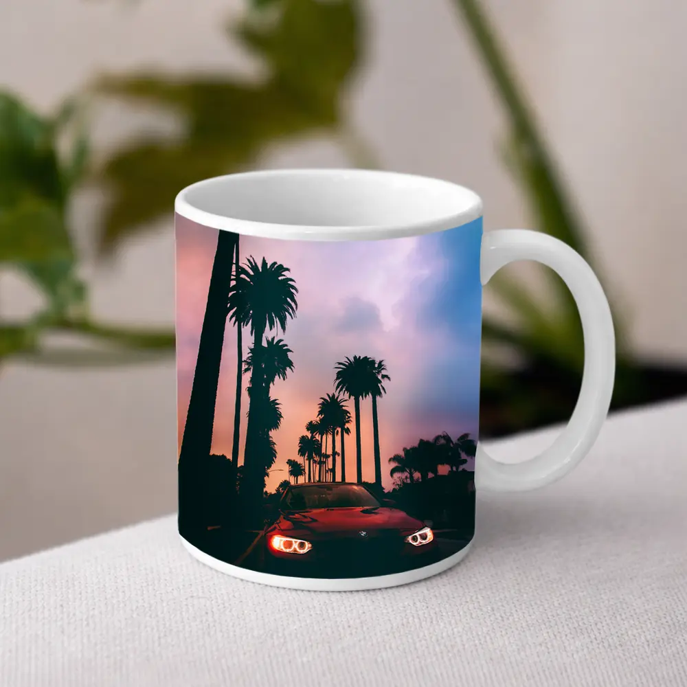 BMW Red Car Palm Trees Sunset Sky – Mugs