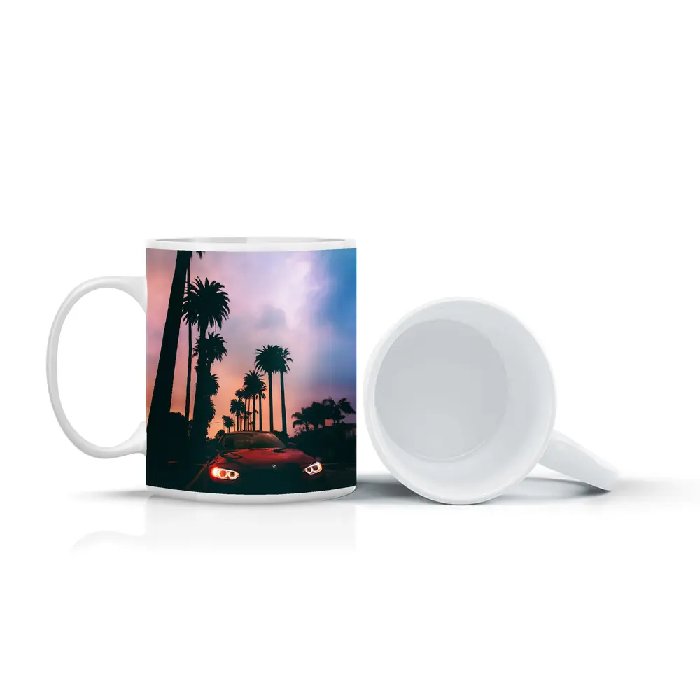 BMW Red Car Palm Trees Sunset Sky – Mugs